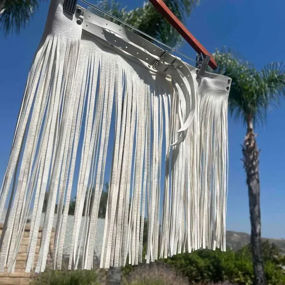 Fringe Tassel Skirt White Faux Leather Buckle Belted Mini Womens Size OS - Picture 4 of 6